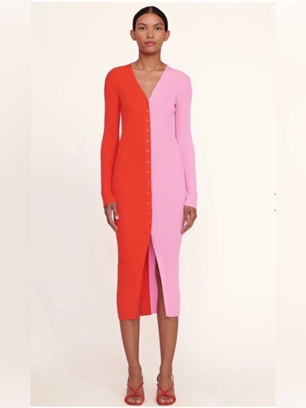 Staud Two-Tone Ribbed Long Dress in Pink & Orange size XS button down midi